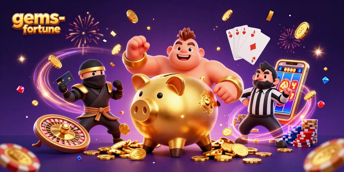 Spin and win with gems-fortune as the golden piggy bank wrestler captures cascading coins and sparkling stones.