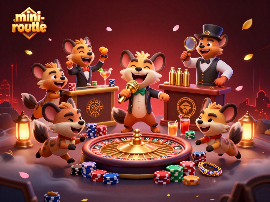 Hyenas enjoy laughter and drinks while playing mini-roulette at a lively casino club.