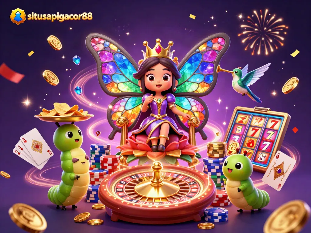 Experience the thrill of gaming at situsapigacor88 with colorful characters amidst cascading coins and roulette excitement.