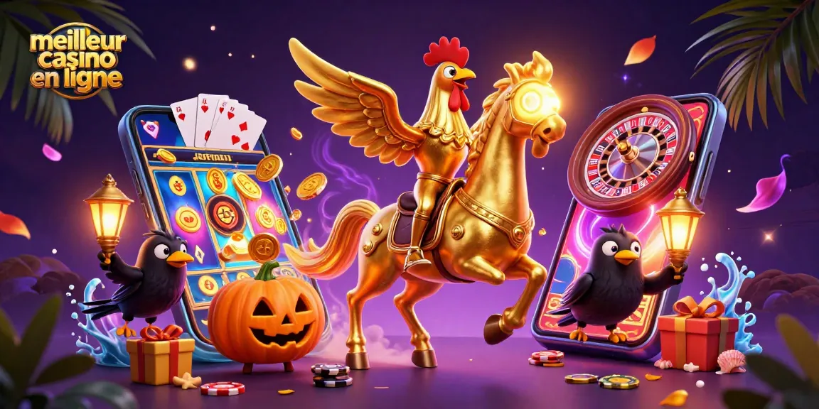 Vivez l'expérience du meilleur casino en ligne avec une illustration dynamique de jeux et personnages captivants.