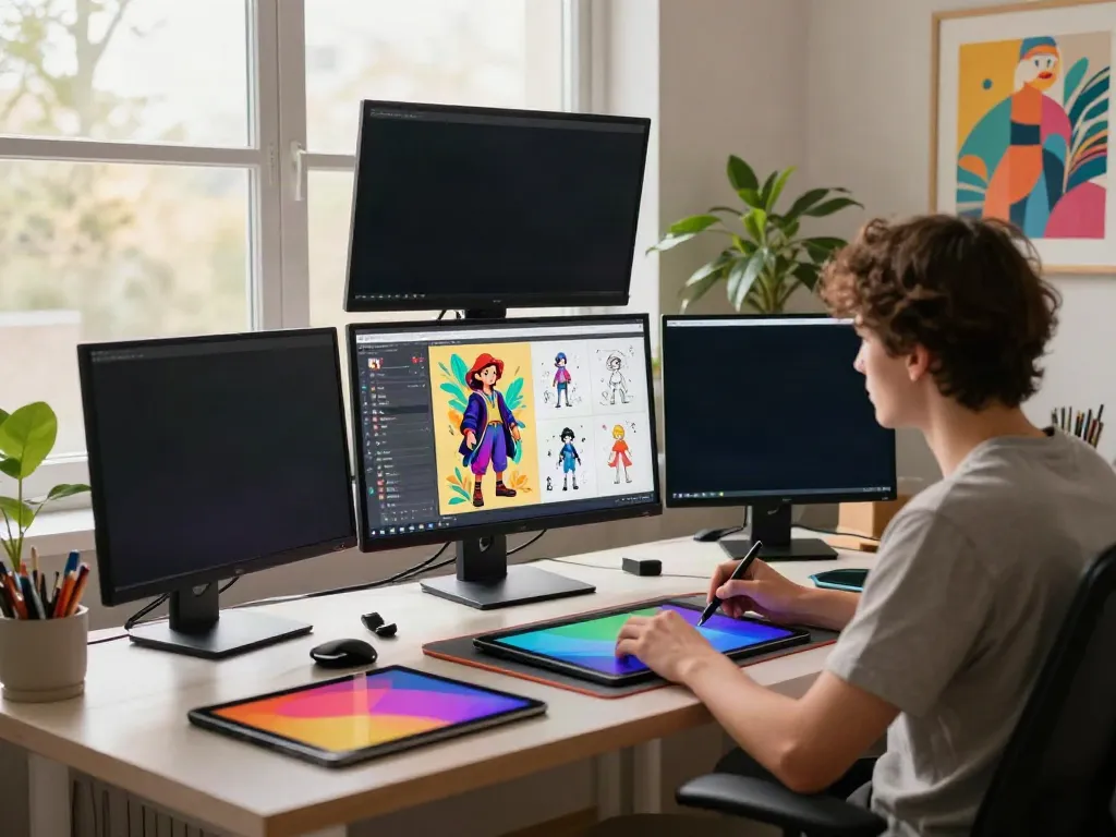AI character sheet generator workspace with a digital artist creating characters.