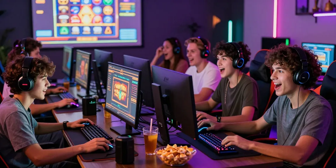 Friends excitedly playing situs slot online games in a vibrant gaming room.