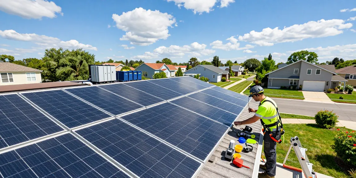 Technician installing panouri fotovoltaice on a residential roof during solar panel installation.