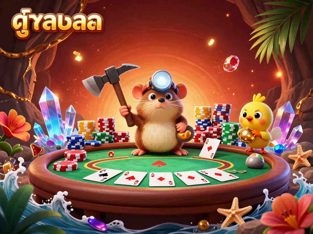 Experience breathtaking ดูบอลสด in an immersive 3D cartoon scene with treasure hunting mole and poker elements.