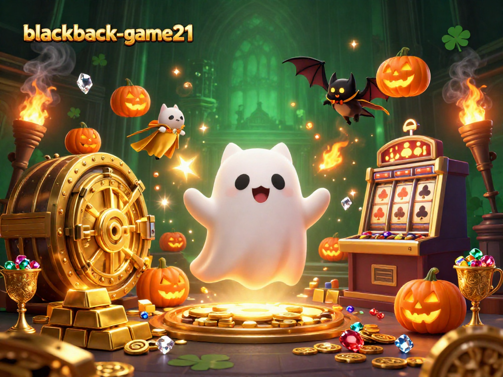 Enjoy thrilling blackjack-game21 action with a playful ghost cat and its vampire bat companion in a vibrant casino scene.