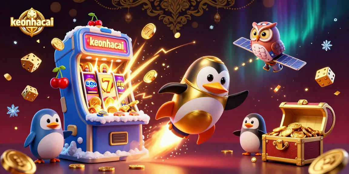 Experience the thrill of gaming with the keonhacai casino illustration featuring a golden penguin, slot machine, and treasure.
