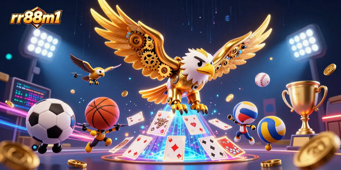 Bet on exciting gameplay with rr88m1's dynamic sports betting scene featuring a golden eagle.