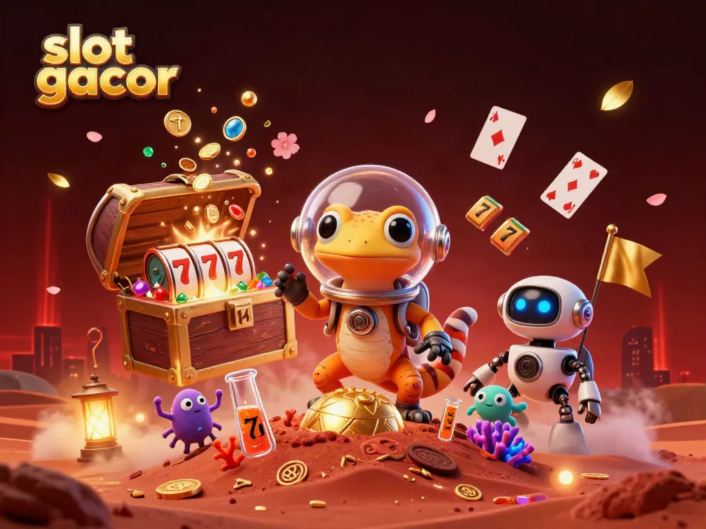 Exciting slot gacor scene featuring Martian gecko exploring a golden casino, filled with vibrant game elements.