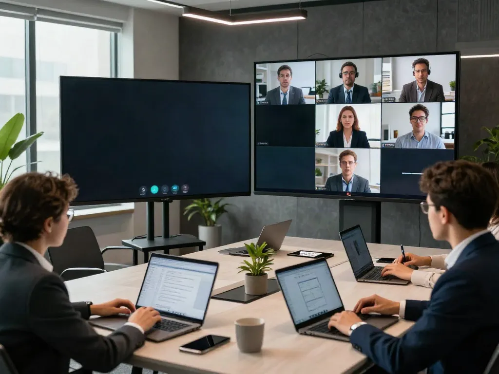 Deepfake-protected meetings in a secure corporate video conference setting with engaged professionals.