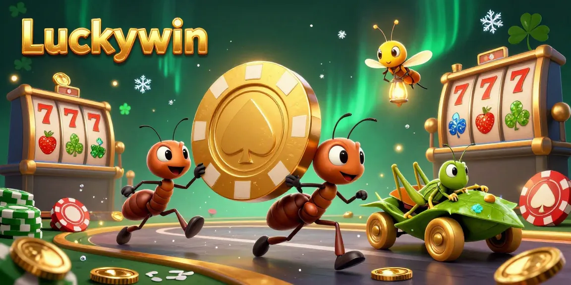 Join the Luckywin ants in a thrilling casino heist filled with vibrant slot elements and golden coins.