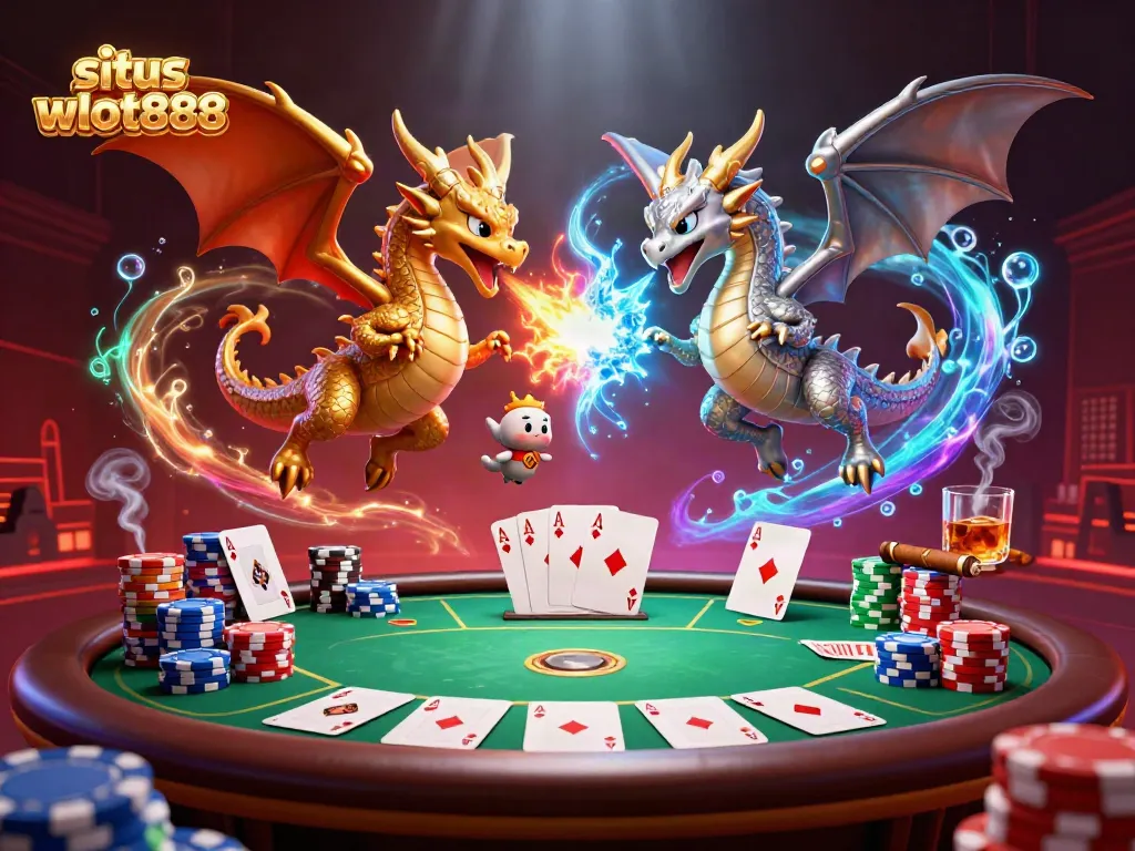 Permainan kasino yang menarik di situs wslot888 dengan naga kartun berwarna emas dan perak.