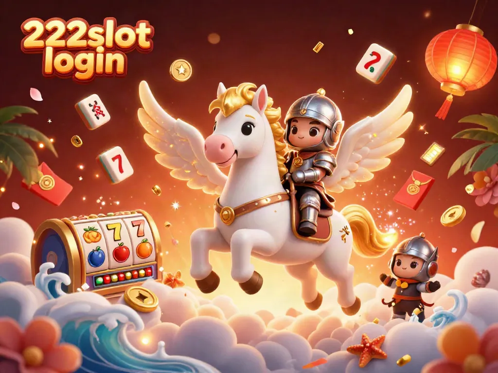 Memenangkan permainan kasino dengan 222slot login dan simbol keberuntungan di atmosfer ceria.