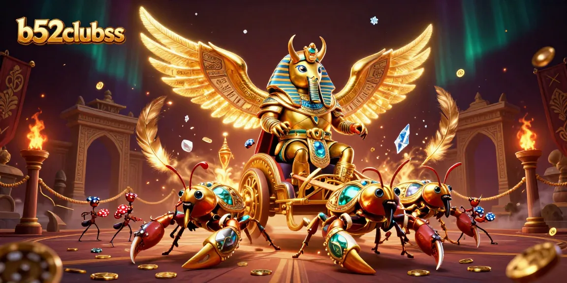 Bets soar at b52clubss with colossal golden scarab and scorpions amidst vibrant gaming elements.