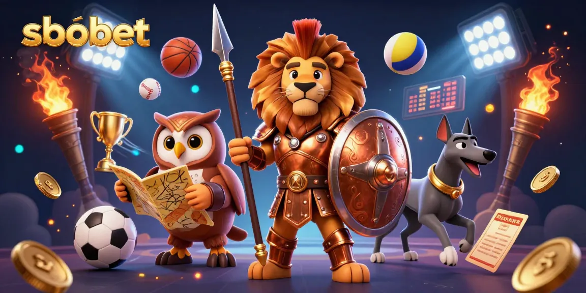 SBOBET betting action featuring a Spartan lion, tactical owl, and greyhound with sports elements.