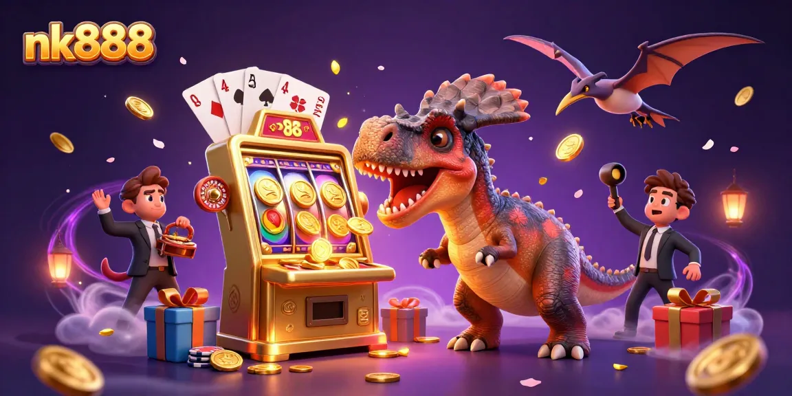 Catch jackpots at nk888 with dino fun and vibrant slot action amid flying coins.