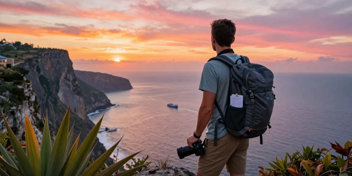 NAGA2000 traveler standing at a scenic cliff edge during sunset, capturing unforgettable travel moments.