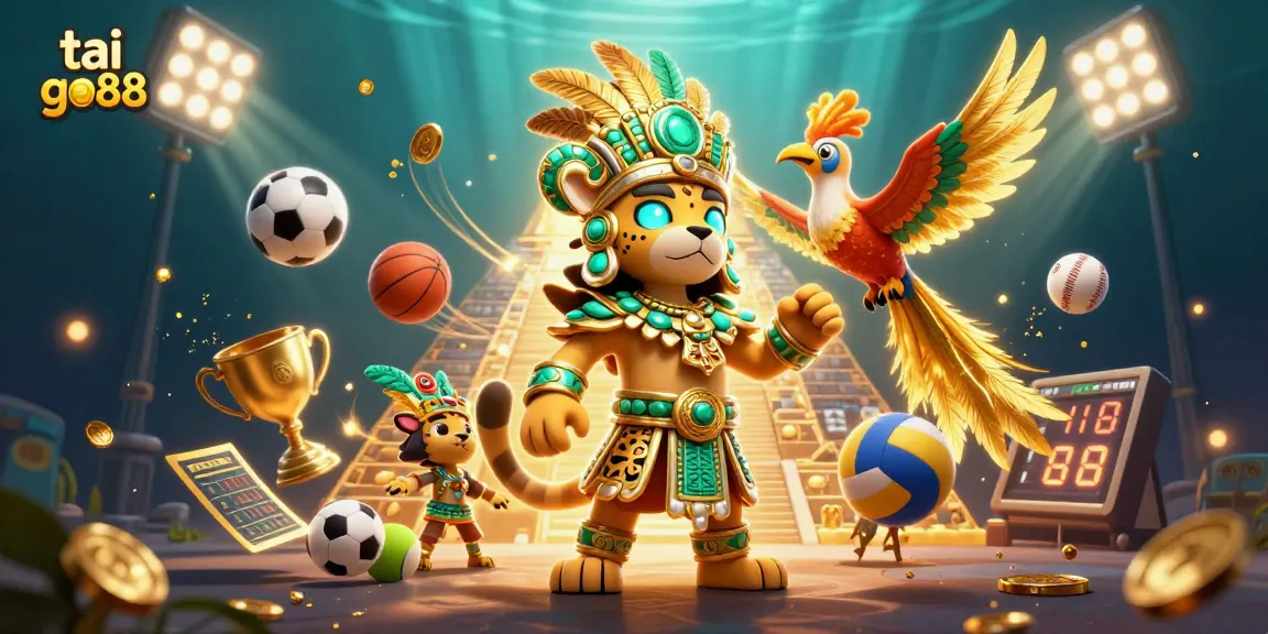 Experience thrill with tai go88 as the Mayan jaguar priest and quetzal bird soar among vibrant sports symbols.