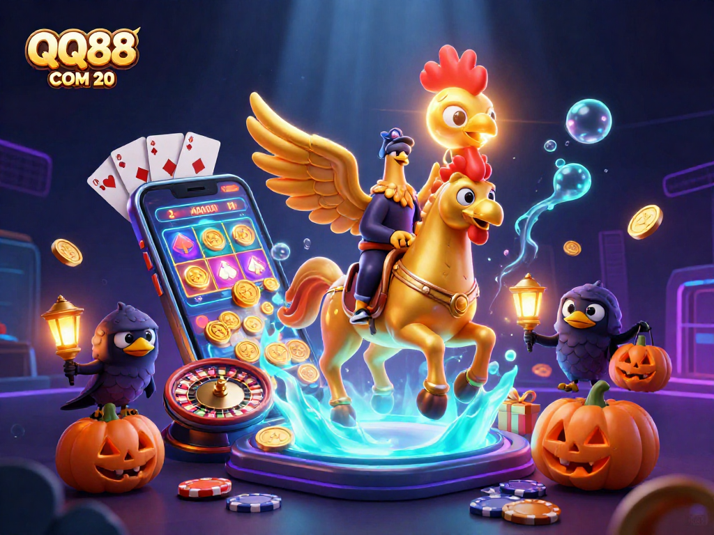 Spin to win with QQ88 COM 20 in a vibrant casino scene featuring a golden rooster.