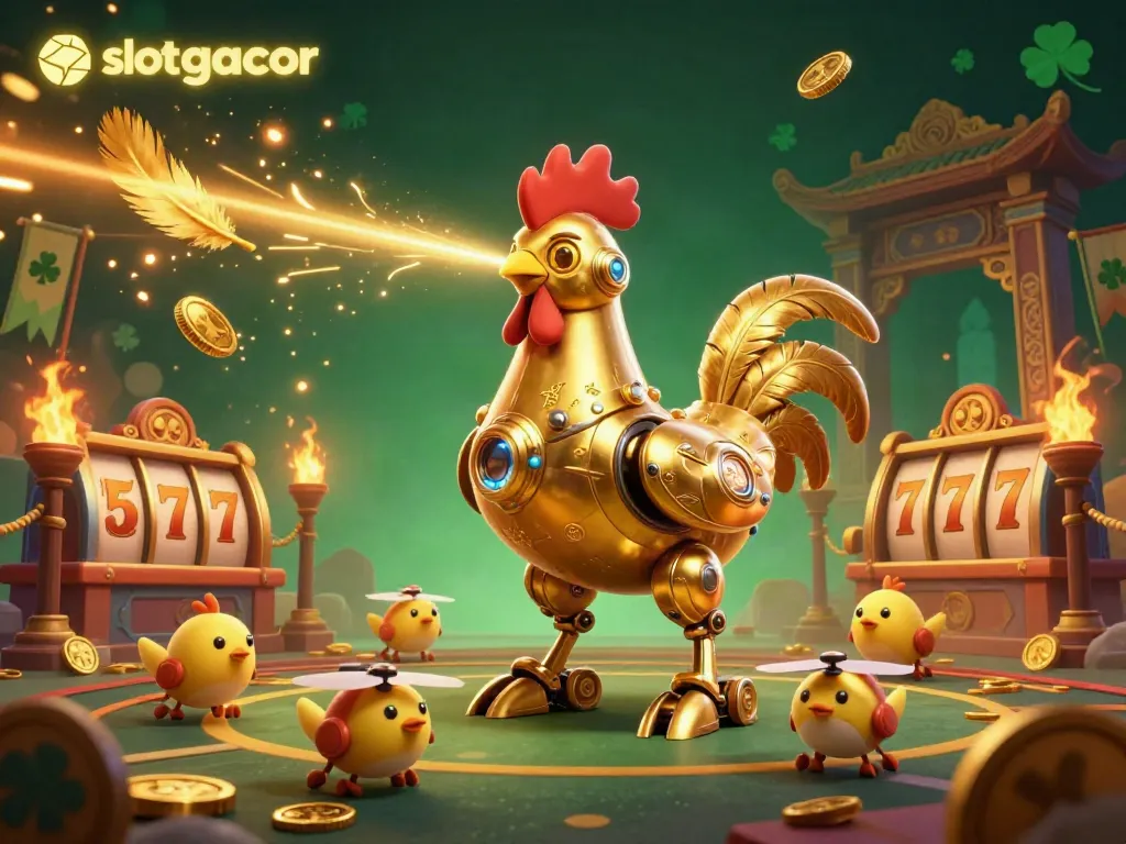 Engage in thrilling slots action with the slot gacor golden rooster and baby chick drones in a vibrant casino atmosphere.