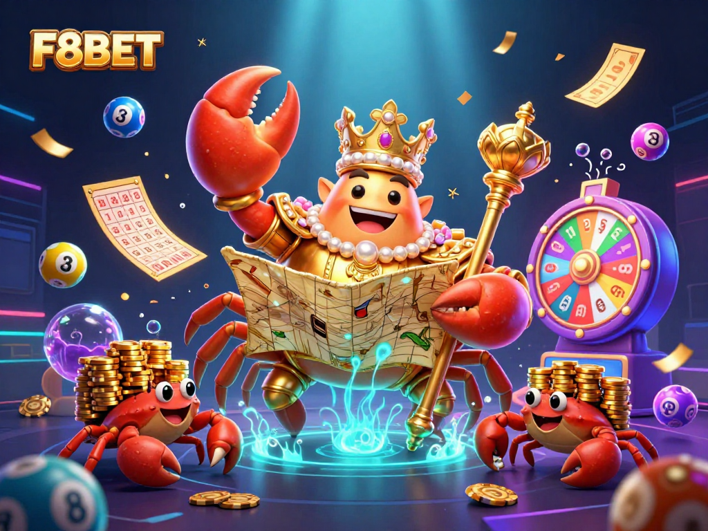 F8BET presents a dynamic 3D casino illustration with a golden crab and lottery elements.