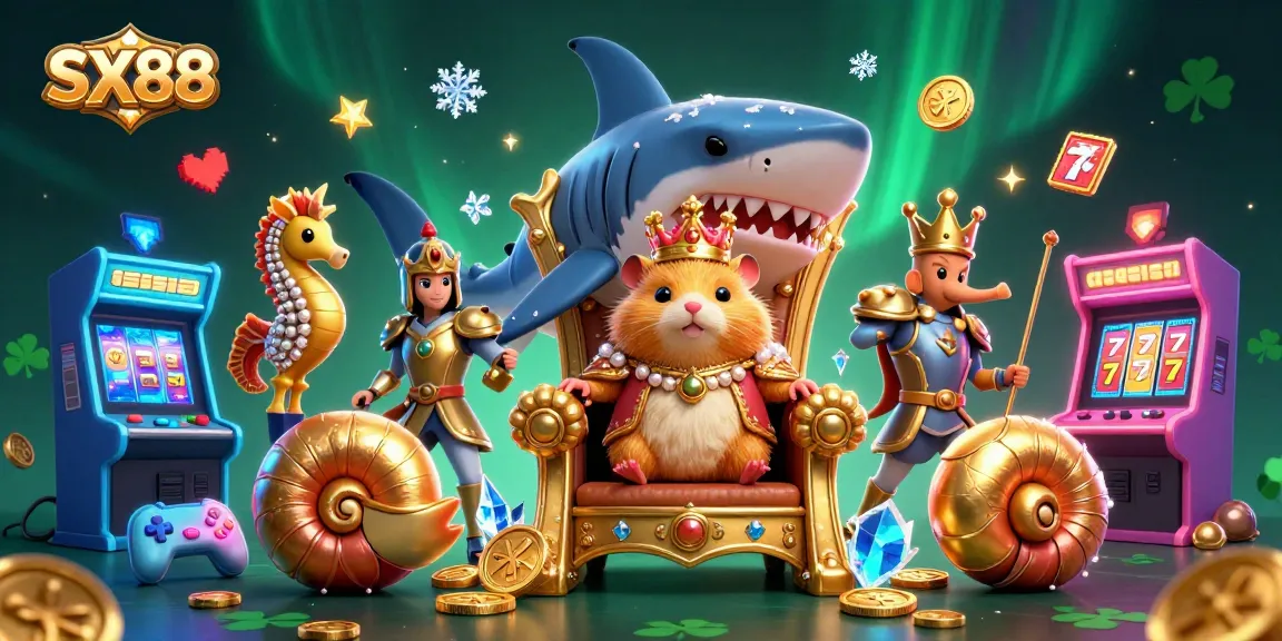 Experience thrilling games with the SX88 hamster king at the casino, surrounded by victory symbols.