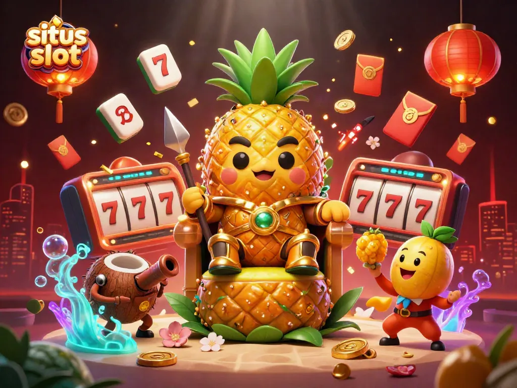 Experience situs slot with a vibrant scene of a pineapple king in a beach casino, showcasing thrilling slot elements.