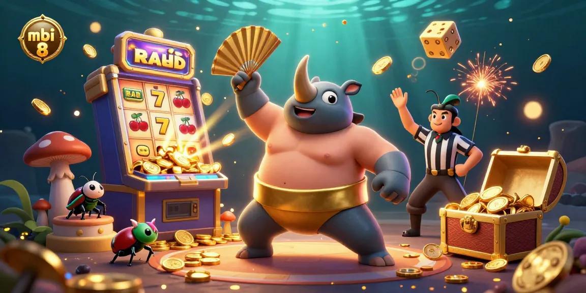 Join the gaming excitement at mbi 8 with coins flying from a jackpot explosion and characters celebrating wins.