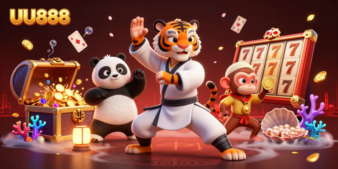 Win big with UU888 as a kung fu tiger and friends enjoy lively casino action.