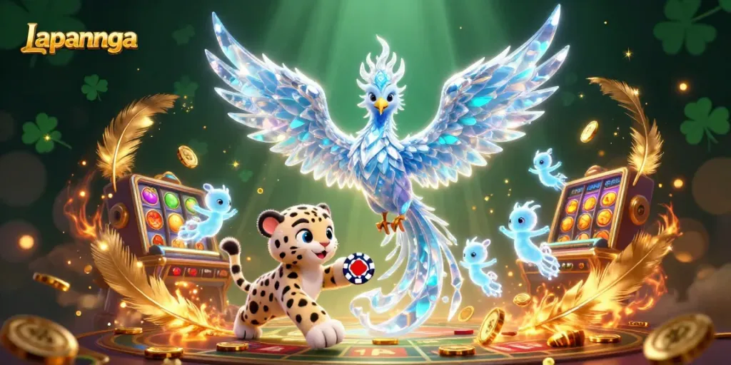 Experience the thrills of Lapannaga with vibrant casino-themed 3D characters and slot elements in this captivating illustration.