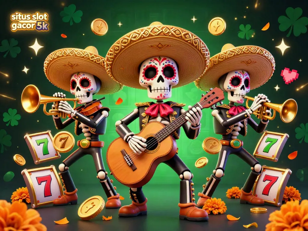 Experience excitement at situs slot gacor 5k with a vibrant mariachi band playing amidst slot reels and coins, showcasing rich casino elements.