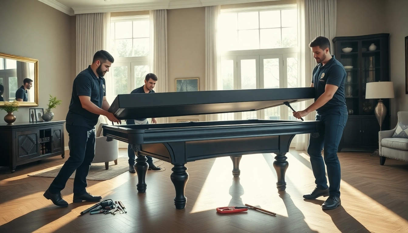 Game table movers services in action, showcasing professional movers disassembling a pool table.