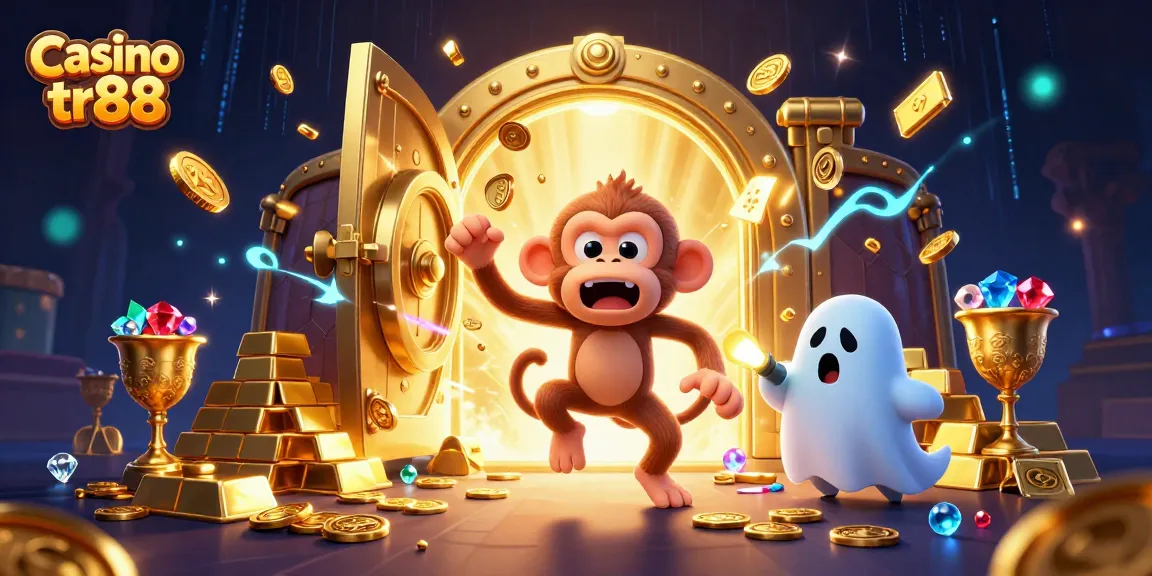Explore the vibrant world of Casino tr88 with a mischievous poltergeist monkey and a curious puppy in a haunted casino scene.