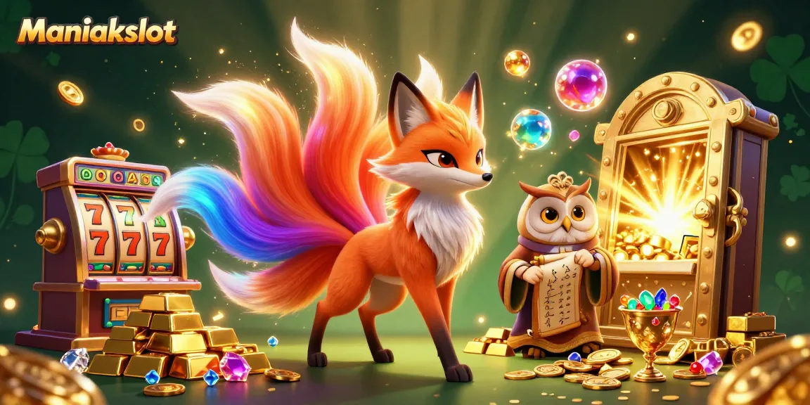 Engage with Maniakslot's dazzling slot adventure featuring a colorful nine-tailed fox spirit and owl sage.