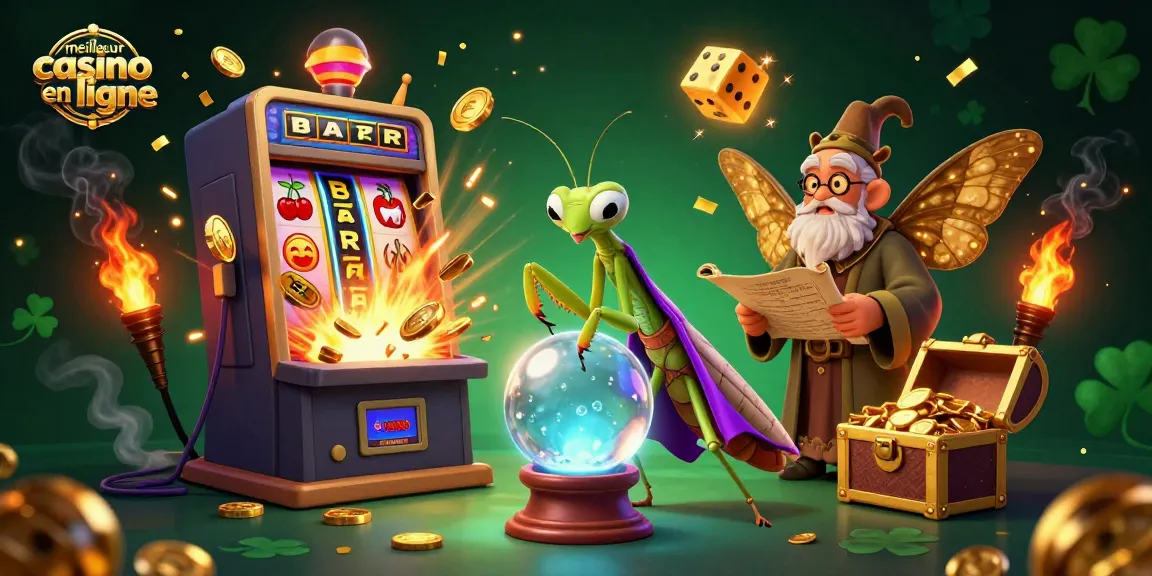 Illustration de jeu captivante du meilleur casino en ligne avec un caméléon, une mite et des lucioles, entourés de machines à sous et de pièces d'or.