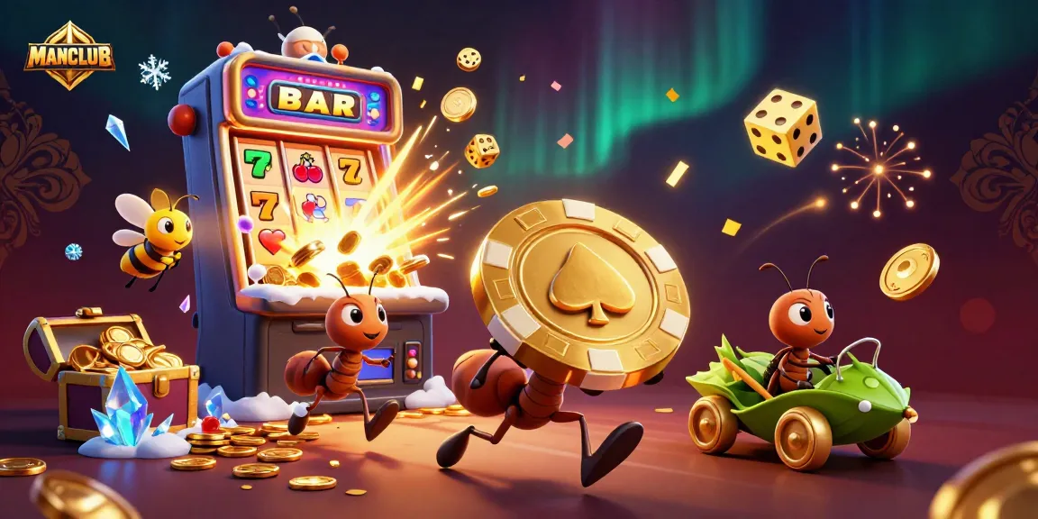 Experience epic wins at MANCLUB with cartoon ants heisting a giant poker chip amidst casino excitement.