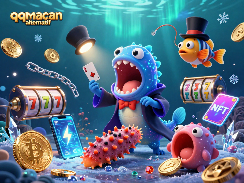 Play and win with qqmacan alternatif, featuring vibrant casino characters and digital elements.