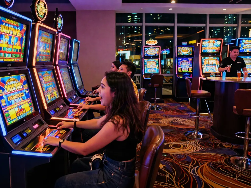 Group enjoys colorful slot gacor machines in a lively casino atmosphere.
