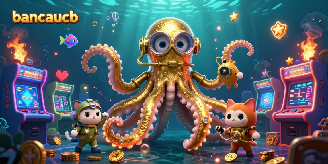 Engage with bancaucb's thrilling ocean treasure hunt featuring a kraken, diving cat, and glowing fish.