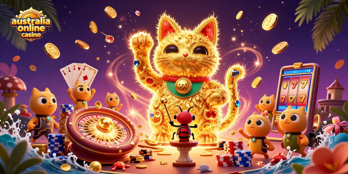 Play lucky pokies at the australia online casino with vibrant gold coins and casino elements.
