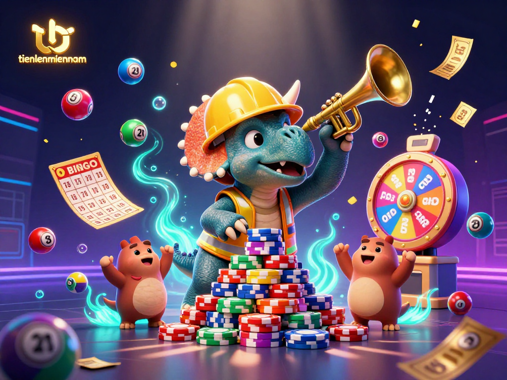 Engage in thrilling action with tienlenmiennam as a triceratops builds a poker chip pyramid in an exciting casino scene.