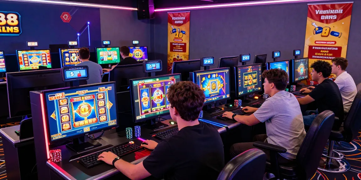 Exciting scene showcasing players engaging in 888 slot games at a vibrant online casino with dynamic graphics and neon lighting.