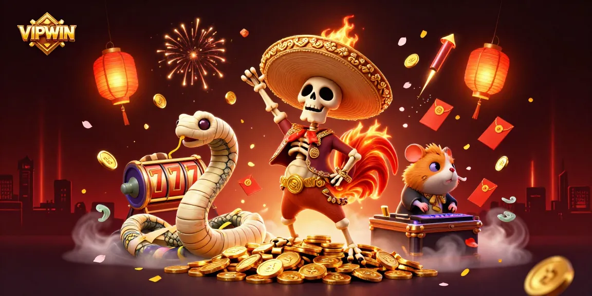 Celebrate wins with VIPWIN showcasing a 3D mariachi rooster amidst slot games and gold rewards.