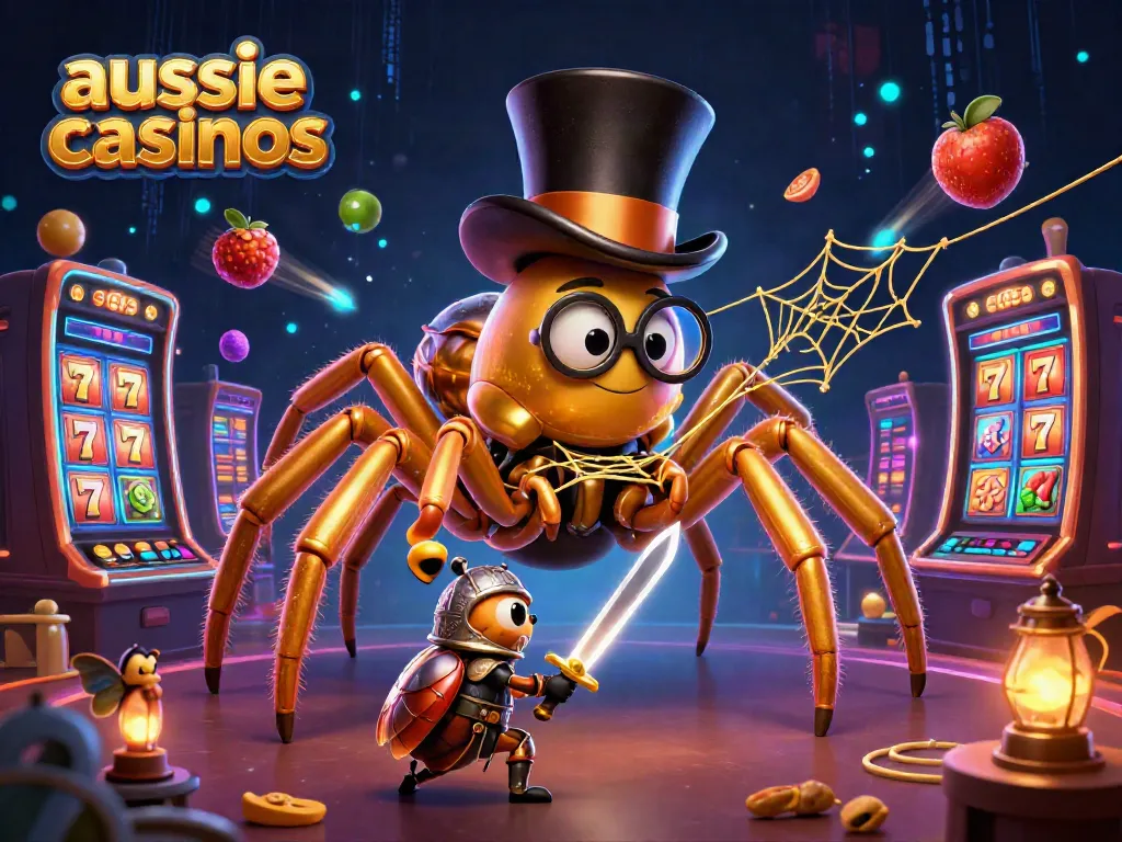 Aussie casinos showcase a giant golden tarantula weaving a web, complemented by a brave beetle knight and interactive slots.