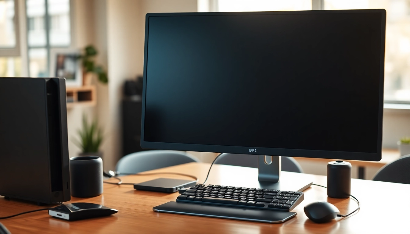 pc με ανακαίνιση σε μοντέρνο γραφείο με κομψό σχεδιασμό και φυσικό φωτισμό