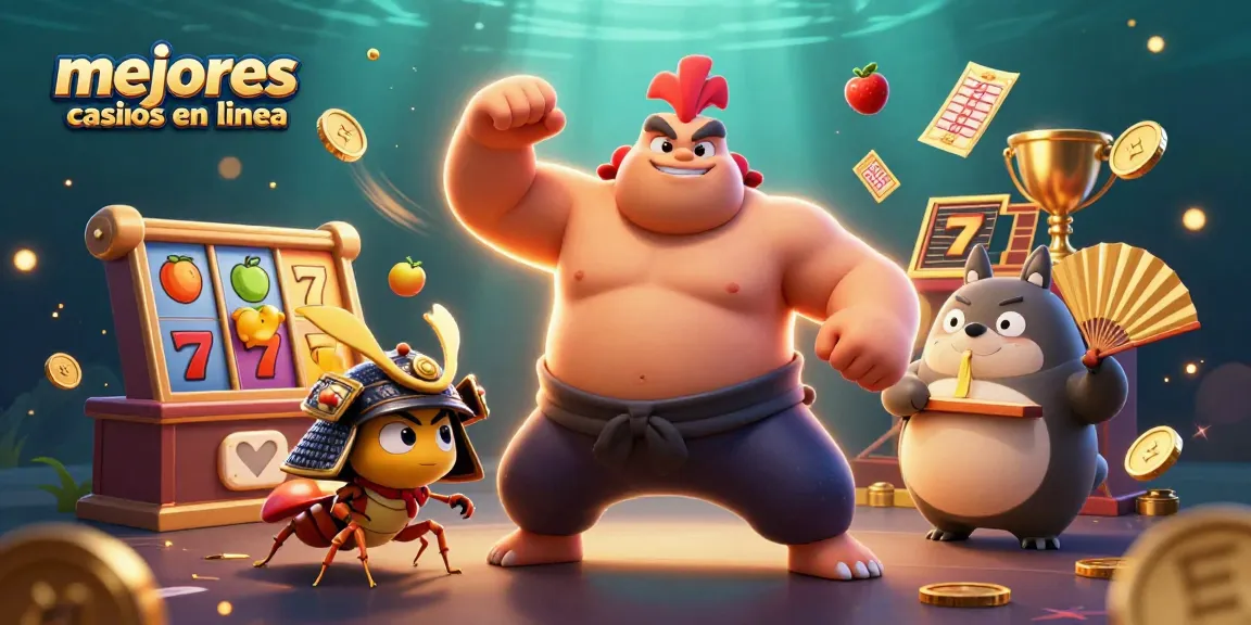 Ilustra los mejores casinos en línea con un poderoso gallo sumo y elementos de tragamonedas vibrantes.