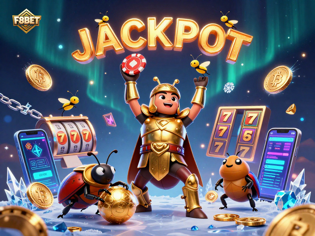 Experience thrilling gaming with F8BET's dynamic 3D scene showcasing victory and excitement.