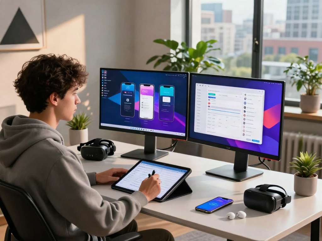 Pikashow apk download at a modern digital workspace with vibrant app designs on screens and innovative gadgets.