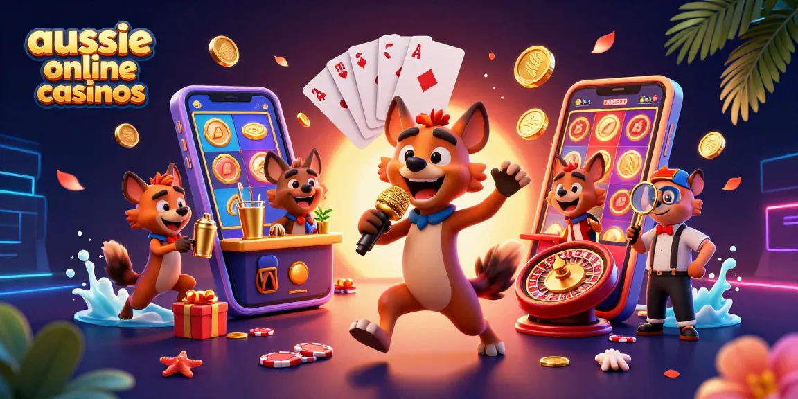 Aussie online casinos showcase a colorful scene with hyenas in a comedy casino club, highlighting comedy and cocktails.