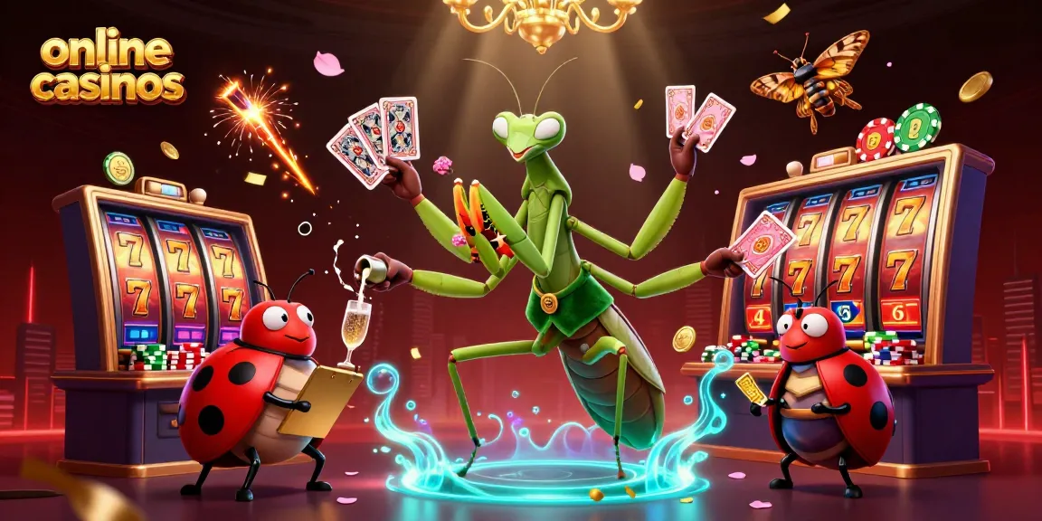 Experience vibrant online casinos with a giant mantis dealer and jackpot-themed elements.