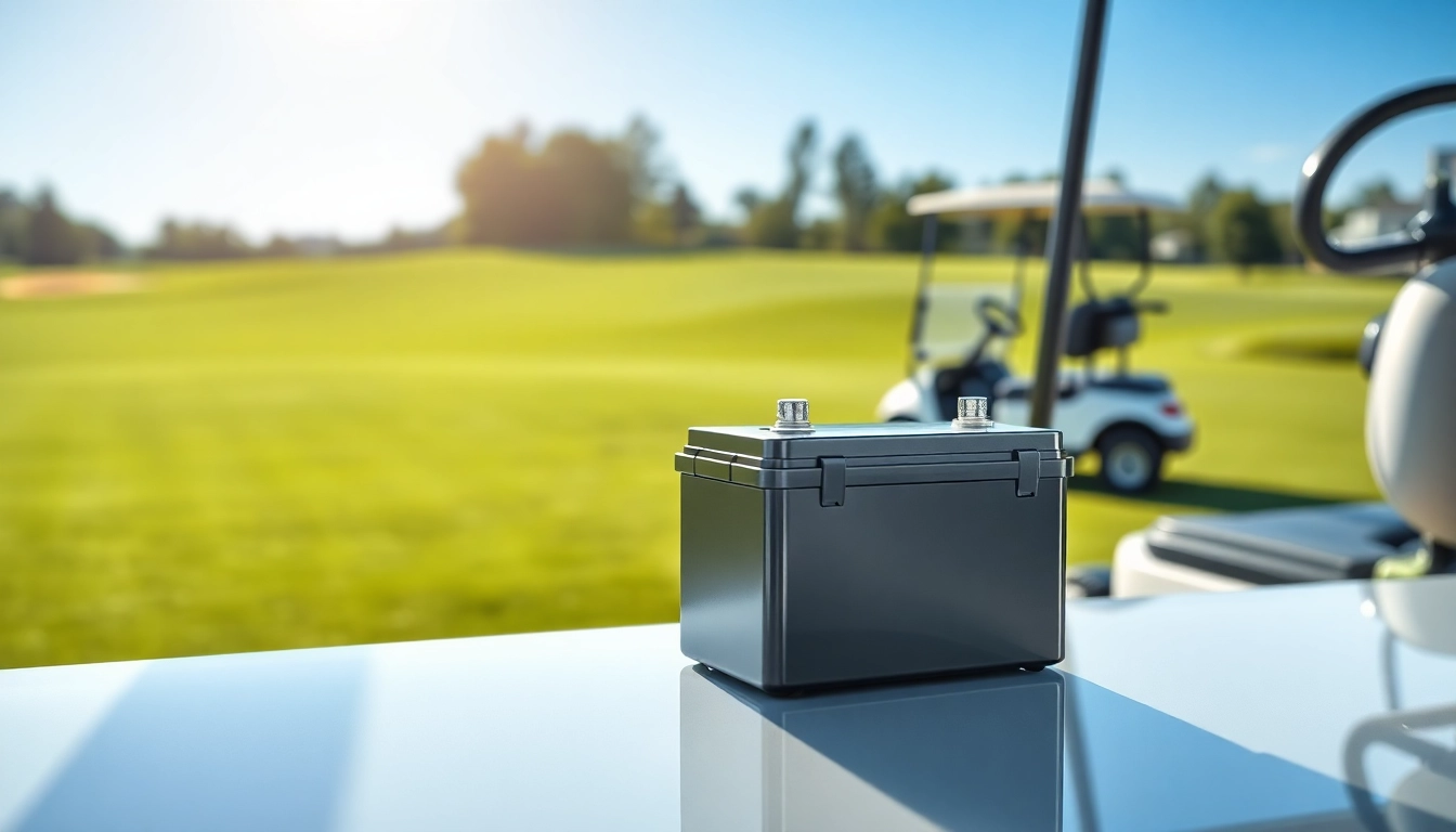 Showcasing lithium golf cart batteries with high-tech features and smooth designs.
